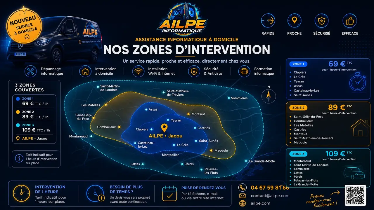 Assistance et dépannage informatique à domicile autour de Jacou : zones d’intervention et tarifs